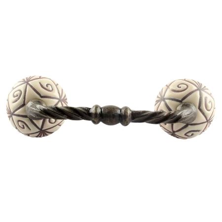 Cream Base Brown Etched Ceramic Floral Cut Bridge Handle